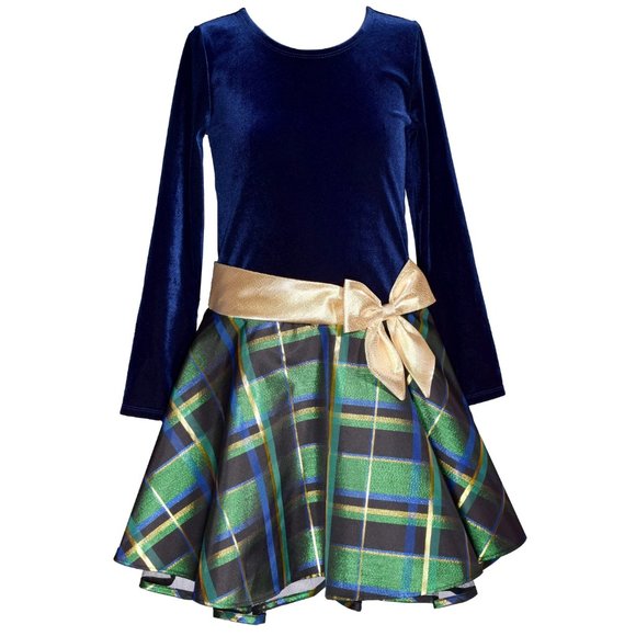 Bonnie Jean Girls Blue Velvet Plaid Taffeta Drop-Waist Hipster Holiday D…